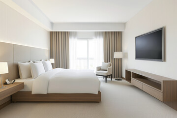 Modern hotel room interiors in neutral colors with a bed placed next to a large window. Commercial interior design composition.