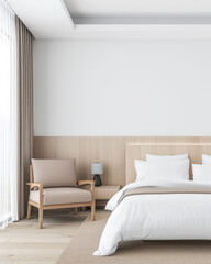 Fototapeta premium Modern hotel room interiors in neutral colors with a bed placed next to a large window. Commercial interior design composition.