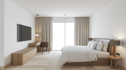 Modern hotel room interiors in neutral colors with a bed placed next to a large window. Commercial interior design composition.