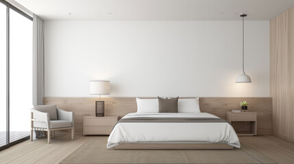 Modern hotel room interiors in neutral colors with a bed placed next to a large window. Commercial interior design composition.