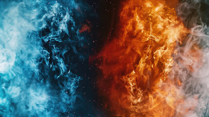 The right side of the picture is fire, and on one it has flames that glow in red color, while the left part shows clouds with blue hues