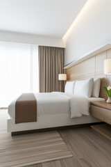 Modern hotel room interiors in neutral colors with a bed placed next to a large window. Commercial interior design composition.