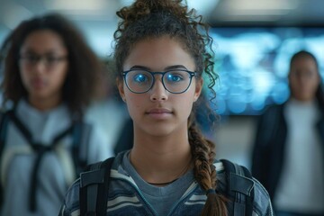 Innovative holographic screens embedded in the background display virtual educational materials as beautiful, eyeglass-wearing college students