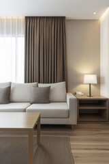 Modern hotel room interiors in neutral colors with a bed placed next to a large window. Commercial interior design composition.
