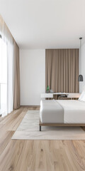 Modern hotel room interiors in neutral colors with a bed placed next to a large window. Commercial interior design composition.