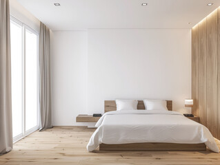 Modern hotel room interiors in neutral colors with a bed placed next to a large window. Commercial interior design composition.