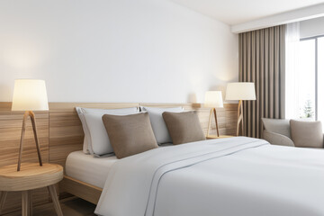 Modern hotel room interiors in neutral colors with a bed placed next to a large window. Commercial interior design composition.