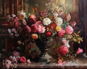 Fototapeta premium Opulent Floral Still Life with Lush Blooms and Chiaroscuro Lighting in Ornate Vase