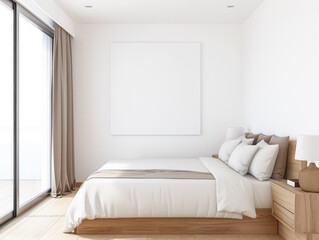 Modern hotel room interiors in neutral colors with a bed placed next to a large window. Commercial interior design composition.