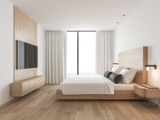 Modern hotel room interiors in neutral colors with a bed placed next to a large window. Commercial interior design composition.