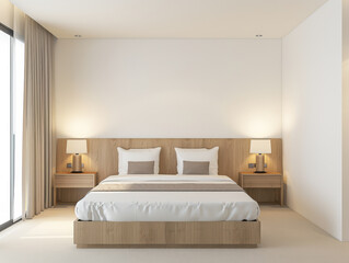 Modern hotel room interiors in neutral colors with a bed placed next to a large window. Commercial interior design composition.