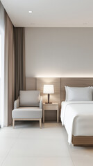 Modern hotel room interiors in neutral colors with a bed placed next to a large window. Commercial interior design composition.
