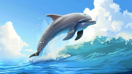 A cartoon dolphin leaps from the blue water with a bright sky and clouds behind it.