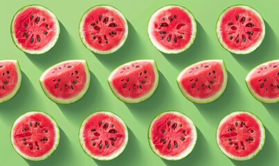 watermelon fruit illustration background pattern. Juicy and healthy summer food diet, half cut slice circles, green color backdrop