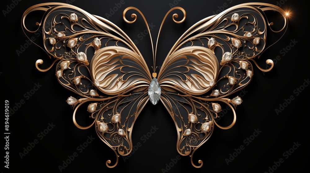 Poster a beautifully designed butterfly with intricate golden patterns and embellishments.