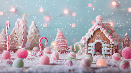 Whimsical Pastel Christmas Candy Land with Gingerbread House and Soft Snowfall