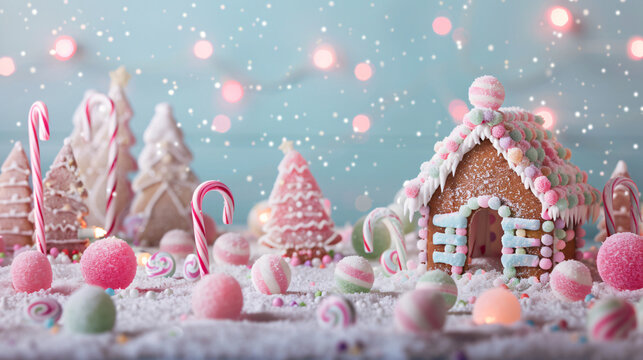 Whimsical Pastel Christmas Candy Land with Gingerbread House and Soft Snowfall