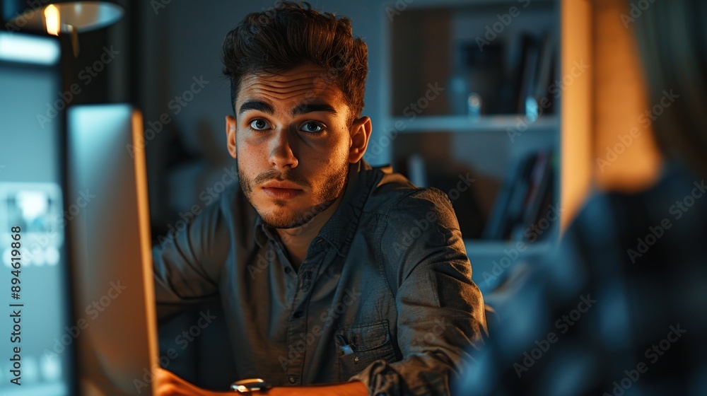 Poster man is sitting at a desk with a laptop in front of him. he looks at the camera with a serious expres