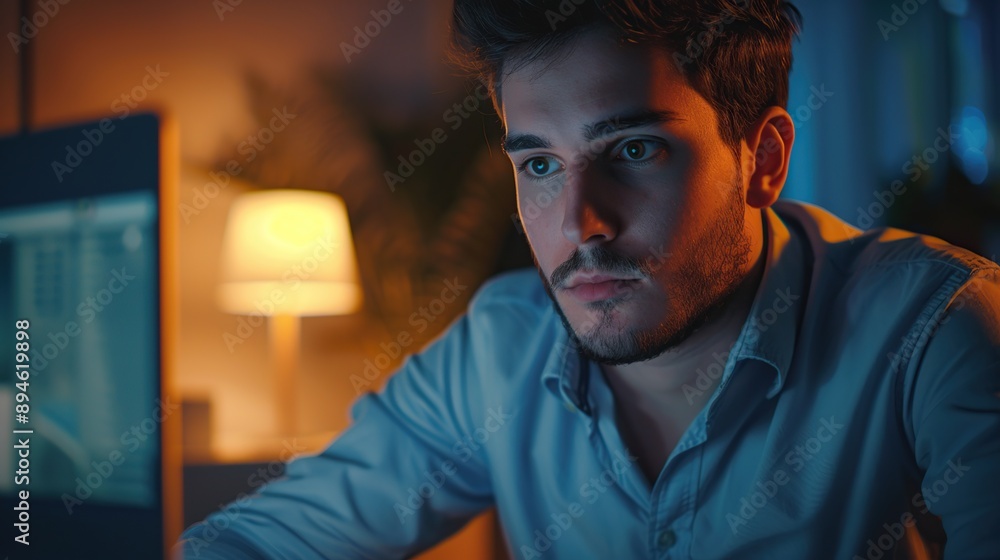 Poster bearded man sits in front of a computer monitor in a warm, dimly lit room.
