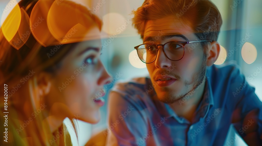 Wall mural A man and a woman are sitting and discussing in a room with a blurred background.