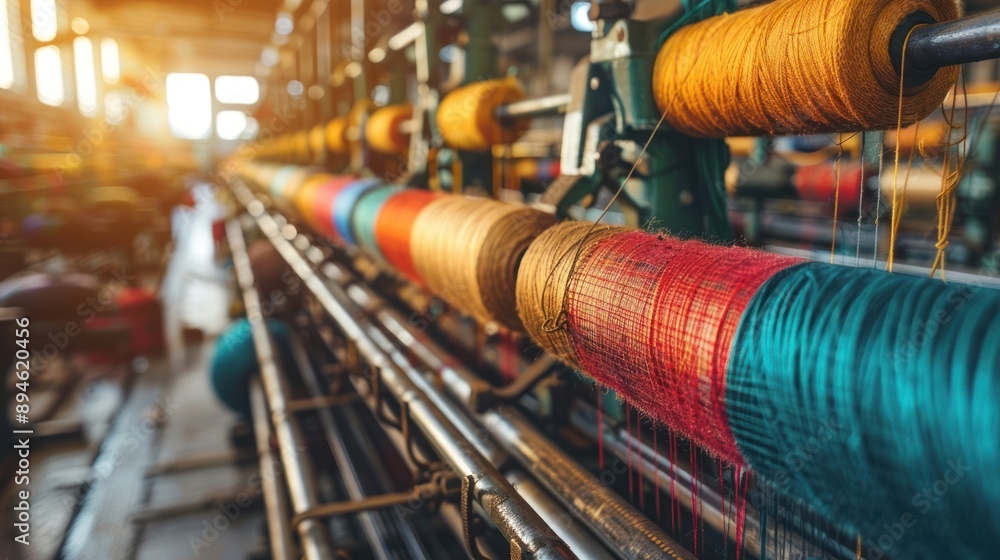 Poster close-up view of colorful thread spools on industrial textile weaving machines in a factory with war