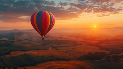 Fototapeta premium Colorful hot air balloon soaring over quiet countryside at sunset, with expansive fields and a beautiful, vibrant sky.