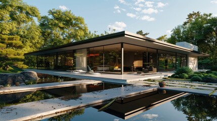 A modernist home with a flat roof, large glass panels, and a minimalist garden with a reflecting pool and zen elements.