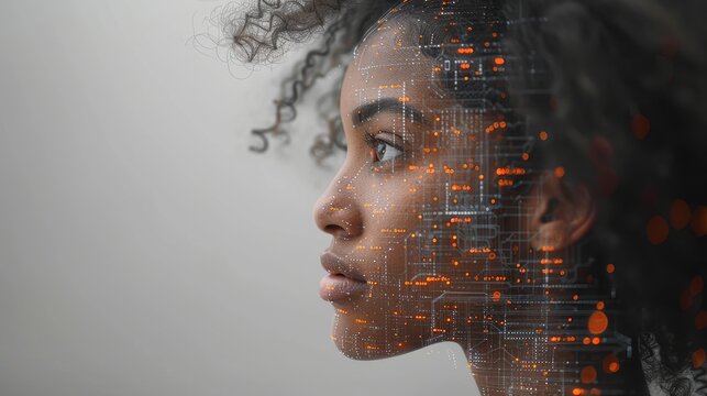 AI cyber security threat illustration, black African American female IT specialist analyzing data information technology, augmented reality artificial intelligence collage, side profile, copy space