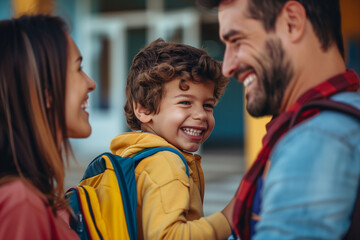Fototapeta premium Parent picking up child from school joyful moment capturing love and end of school day