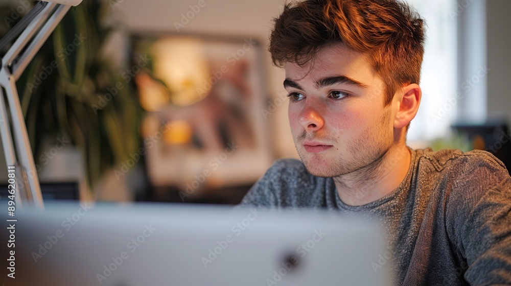 Aufkleber young man is sitting at a desk with a laptop and tablet in front of him. he is looking at the screen