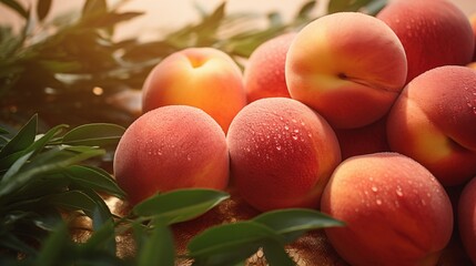 A close-up of fresh peaches with droplets of water on their surface, arranged on a surface with green leaves surrounding them. 