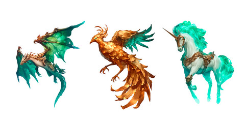 Magic creature dragon, bird phoenix and unicorn, mystery animal character, watercolor style. Mythical magical being with wings, rebirth fairy fantasy. Cut isolated illustration on transparent