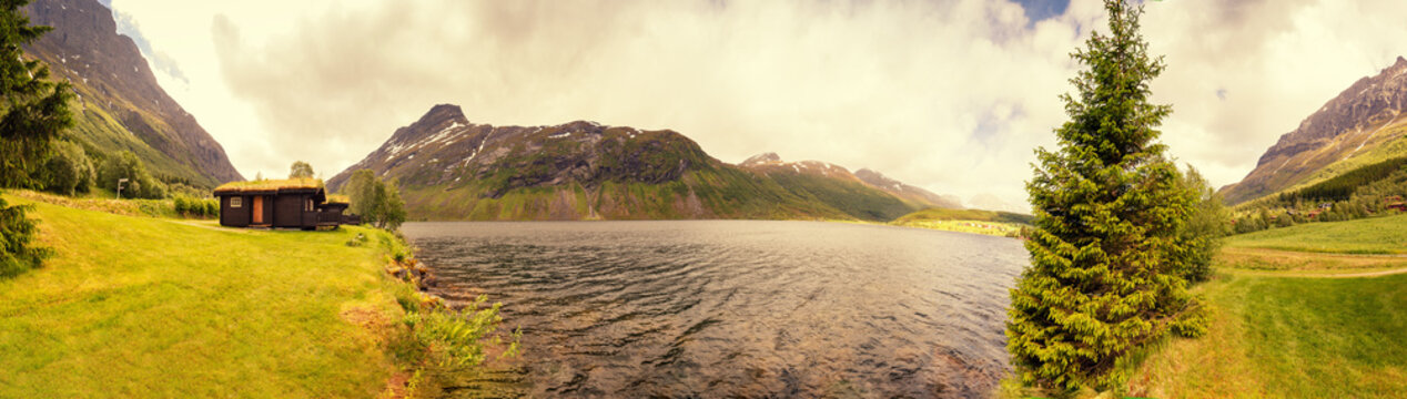 Panoramic view of the mountain lake Eidsvatnet. Beautiful nature of Norway