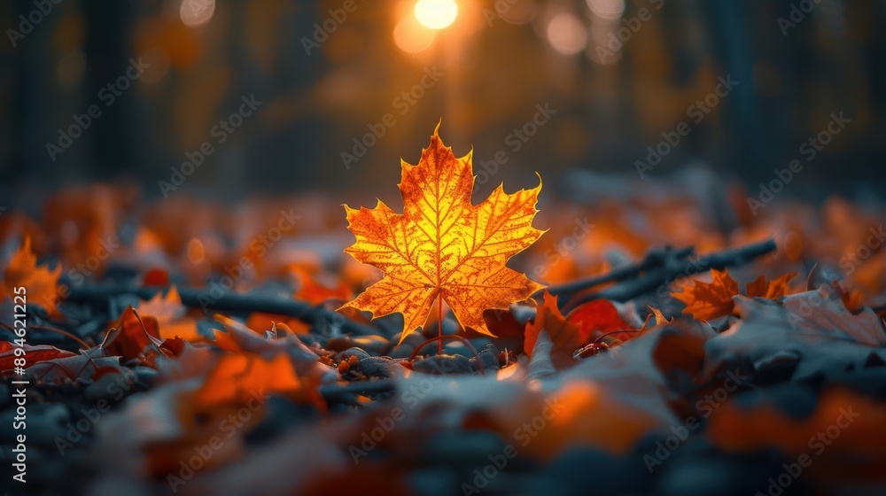 Poster vibrant red maple leaf illuminated by sunlight