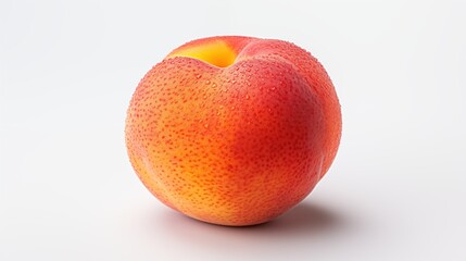 A fresh, ripe peach with a vibrant orange and red skin, glistening with droplets of water, set against a clean white background.