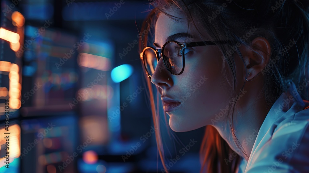Poster woman wearing glasses looking at computer screen with multiple monitors displaying candlestick chart