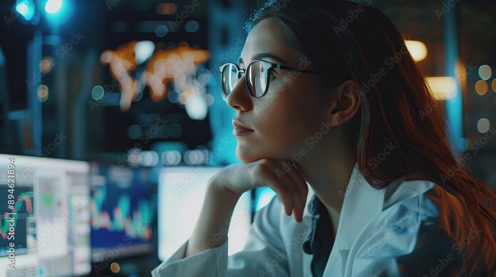 Aufkleber woman wearing glasses looking at computer screen with multiple monitors displaying candlestick chart