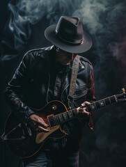 man in leather jacket and hat playing electric guitar on black background with smoke