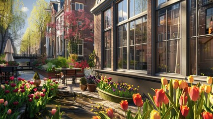 A quaint canal house in Amsterdam with a narrow facade, large windows, and a garden with colorful tulips and a small patio.