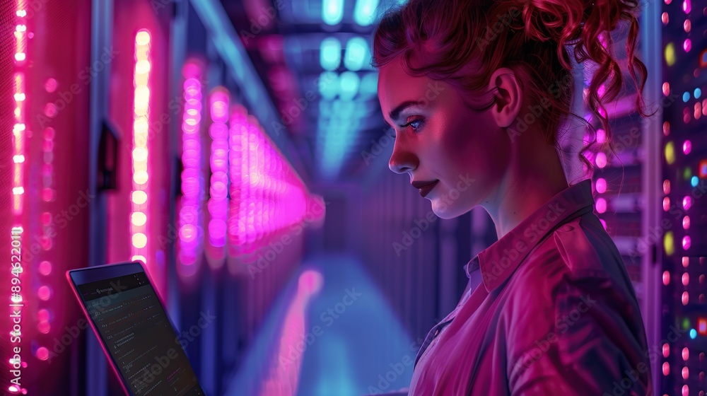 Aufkleber woman is looking at a computer screen in a server room. the concept of software engineering and cybe