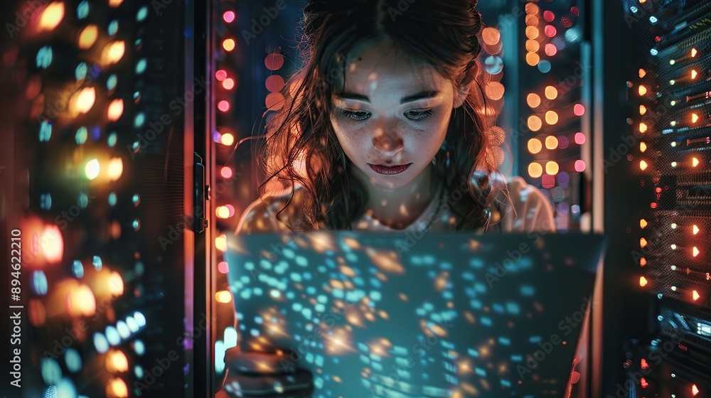 Aufkleber woman is looking at a computer screen in a server room. the concept of software engineering and cybe