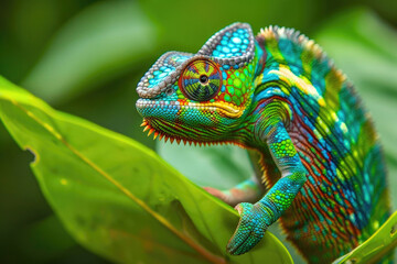 Obraz premium A rare and unusual chameleon displaying a spectrum of colors as it clings to a vibrant green leaf