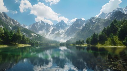 Fototapeta premium A serene mountain lake surrounded by lush green forests and snow-capped peaks under the blue sky