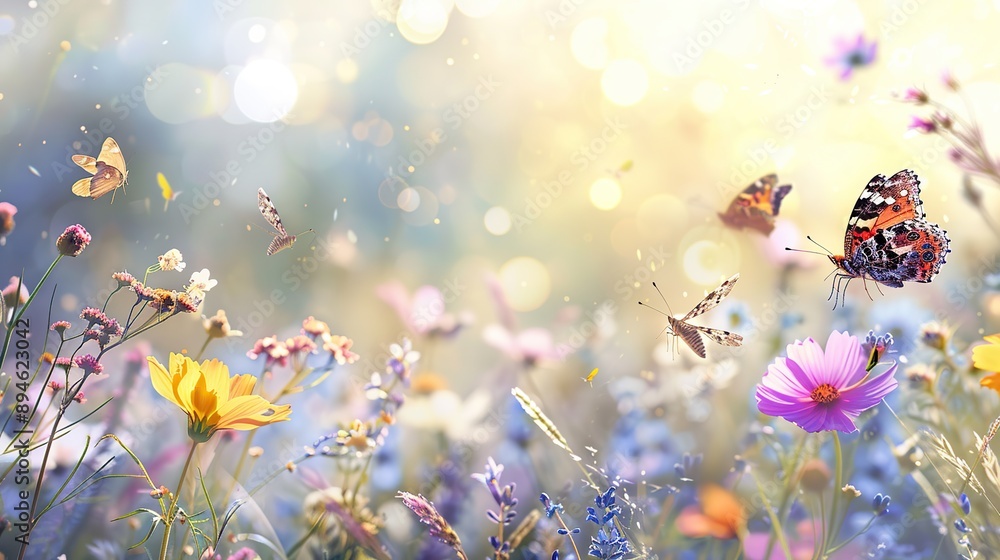 Poster macro image of a serene wildflower meadow with butterflies fluttering around it in the soft, hazy mo