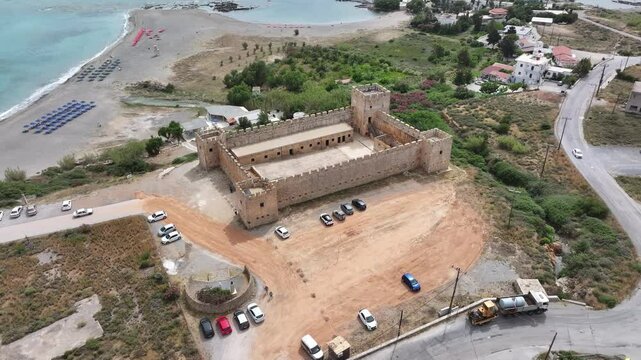 Aerial view of Venetian Castle of Frangokastello, in front of Lefka Ori Mountains (White Mountains), Chania region, Crete, Greek Islands, Greece