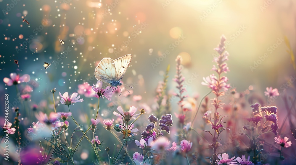 Poster macro image of a serene wildflower meadow with butterflies fluttering around it in the soft, hazy mo