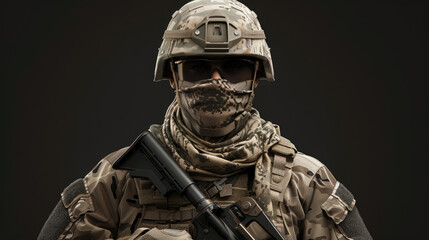 Soldier wearing camouflage uniform and holding rifle