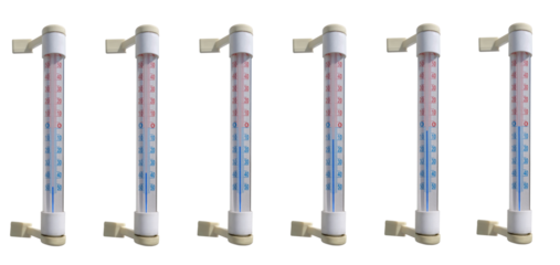 A thermometer that attaches to the window glass indicating cold temperatures. On isolated transparent background.