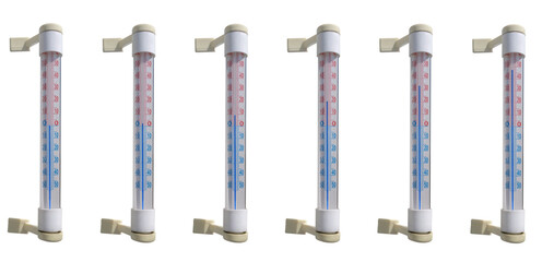A thermometer that attaches to the window glass indicating plus temperatures. On isolated transparent background.