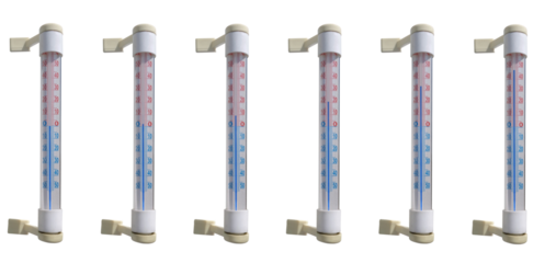 A thermometer that attaches to the window glass indicating plus temperatures. On isolated transparent background.